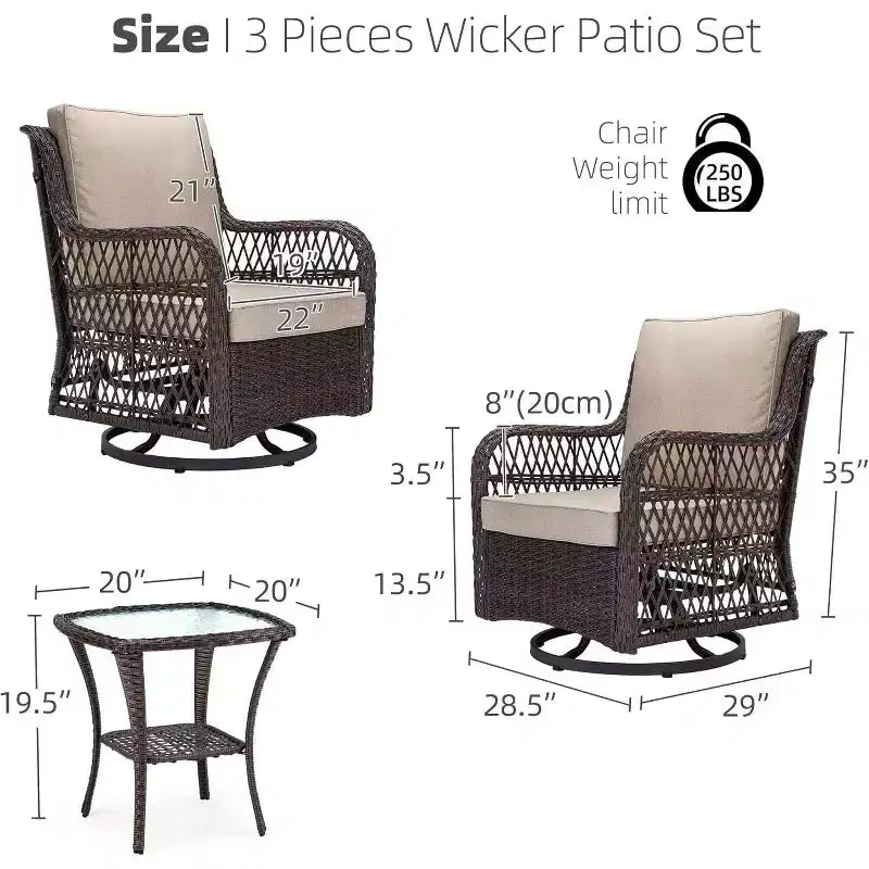 Acekool 3-Piece Swivel Rocking Chair Set - Outdoor Rattan with Side Table