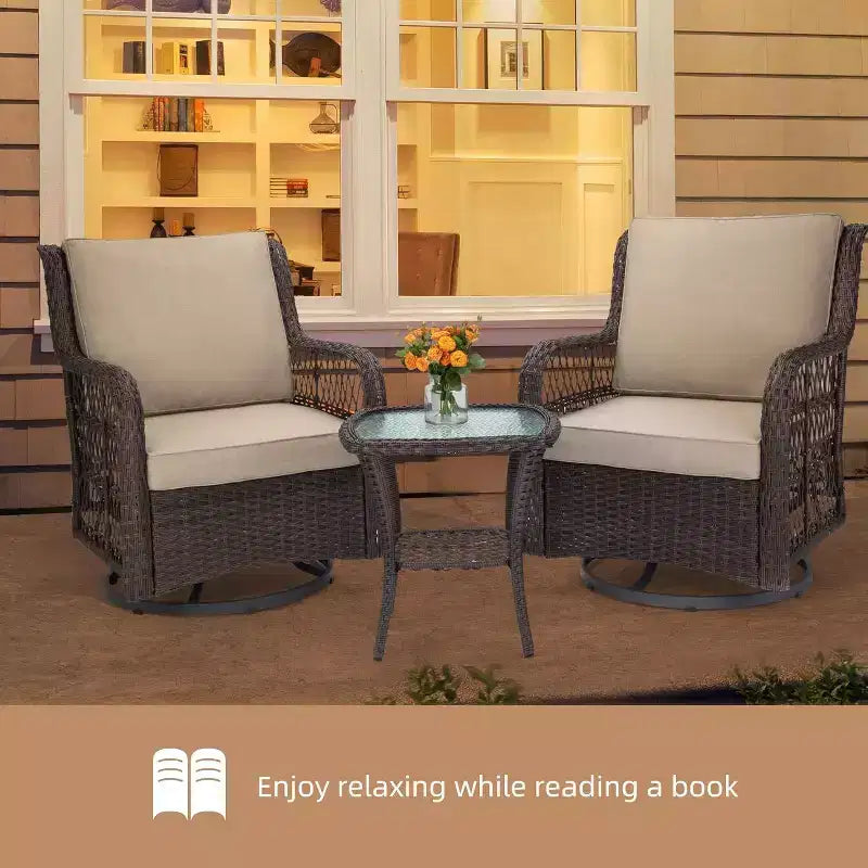 Acekool 3-Piece Swivel Rocking Chair Set - Outdoor Rattan with Side Table