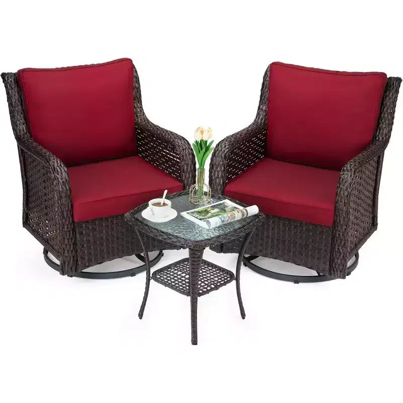 Acekool 3-Piece Swivel Rocking Chair Set - Outdoor Rattan with Side Table