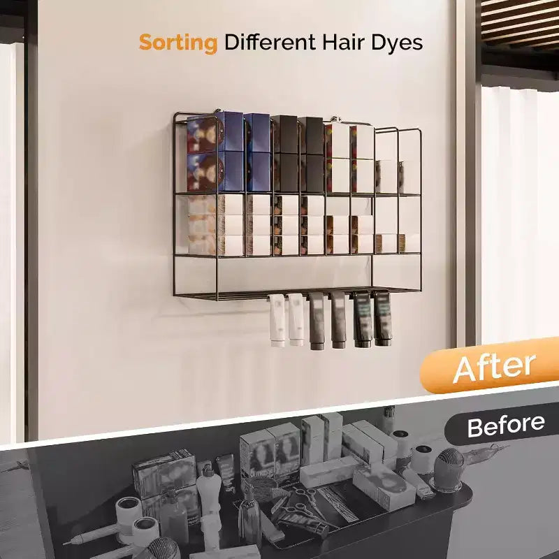 Hair Color Organizer Rack, 2-Tier Wall-Mounted Metal Salon Storage Display for Hair Dye Tubes, Silver