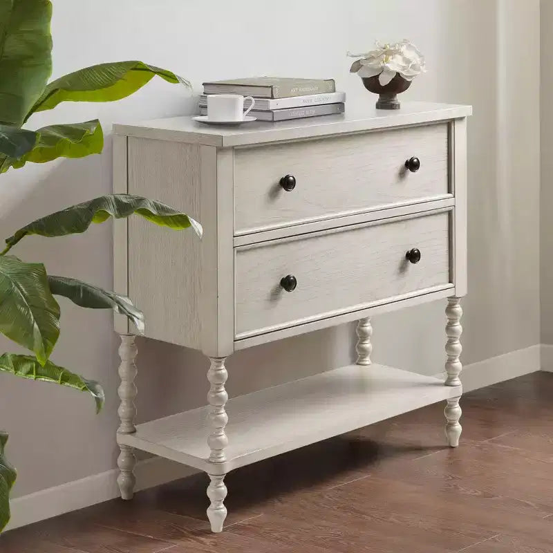 Okak Farmhouse Solid Wood 2-Drawer Dresser Side Table with Shelf, Bedside, End Table for Living Room