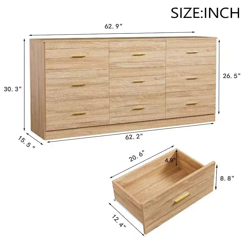 Okak Modern 8/9-Drawer Dresser with Gold Handles, Wide Bedroom Storage Chest for Living Room