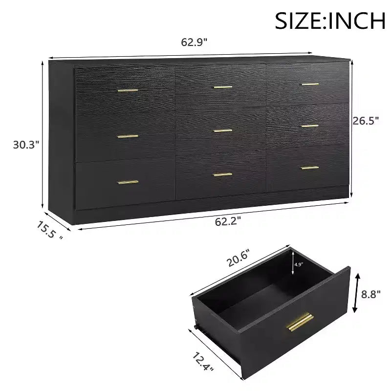 Okak Modern 8/9-Drawer Dresser with Gold Handles, Wide Bedroom Storage Chest for Living Room
