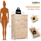VINGLI Cassettiera Alta a 6 Cassetti in Legno Massello Naturale Non Finito per Camera da Letto, Cassettiera Stile Fattoria DIY Colore Legno di Gomma