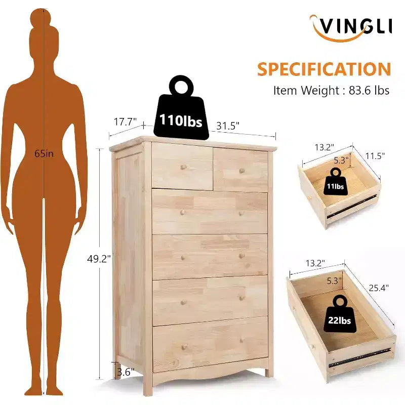 VINGLI Cassettiera Alta a 6 Cassetti in Legno Massello Naturale Non Finito per Camera da Letto, Cassettiera Stile Fattoria DIY Colore Legno di Gomma