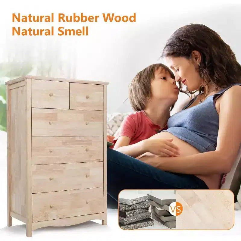 VINGLI Cassettiera Alta a 6 Cassetti in Legno Massello Naturale Non Finito per Camera da Letto, Cassettiera Stile Fattoria DIY Colore Legno di Gomma