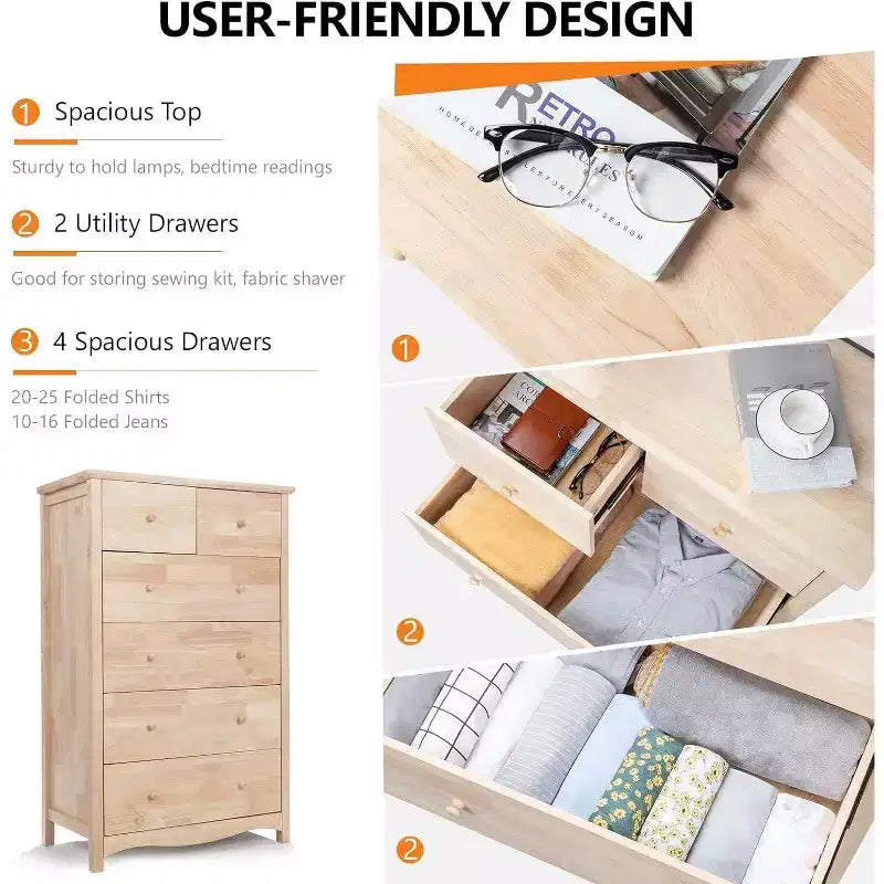 VINGLI Cassettiera Alta a 6 Cassetti in Legno Massello Naturale Non Finito per Camera da Letto, Cassettiera Stile Fattoria DIY Colore Legno di Gomma