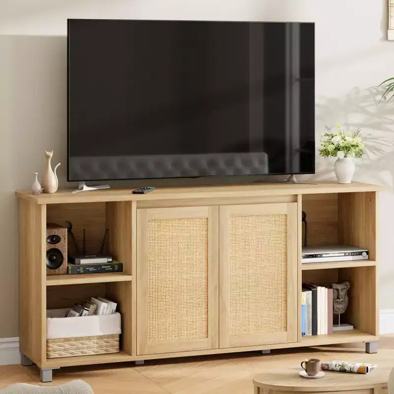 GustoWave Boho TV Stand for up to 70 Inch TVs, Media Console with Rattan Doors & Open Shelves for Living Room, Natural