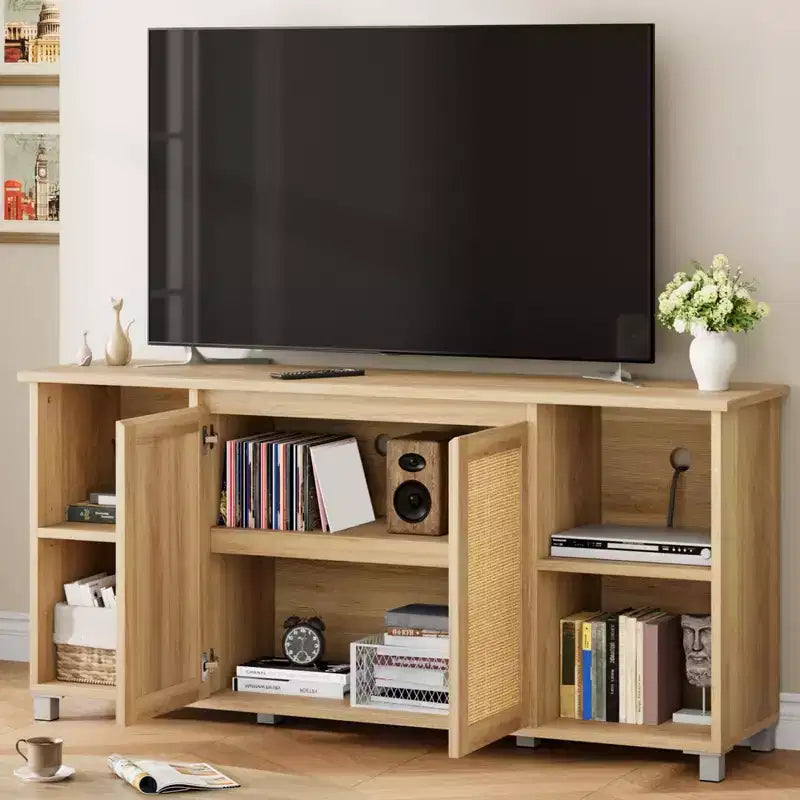 GustoWave Boho TV Stand for up to 70 Inch TVs, Media Console with Rattan Doors & Open Shelves for Living Room, Natural