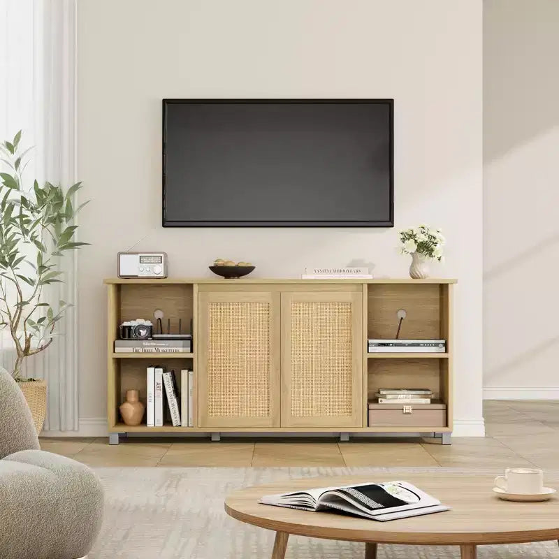 GustoWave Boho TV Stand for up to 70 Inch TVs, Media Console with Rattan Doors & Open Shelves for Living Room, Natural