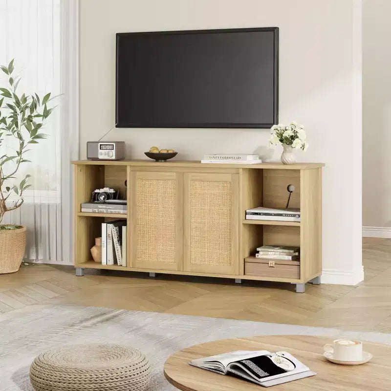 GustoWave Boho TV Stand for up to 70 Inch TVs, Media Console with Rattan Doors & Open Shelves for Living Room, Natural