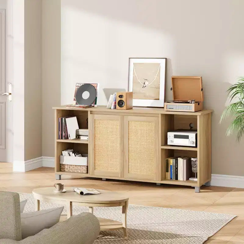 GustoWave Boho TV Stand for up to 70 Inch TVs, Media Console with Rattan Doors & Open Shelves for Living Room, Natural