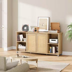 GustoWave Boho TV Stand for up to 70 Inch TVs, Media Console with Rattan Doors & Open Shelves for Living Room, Natural