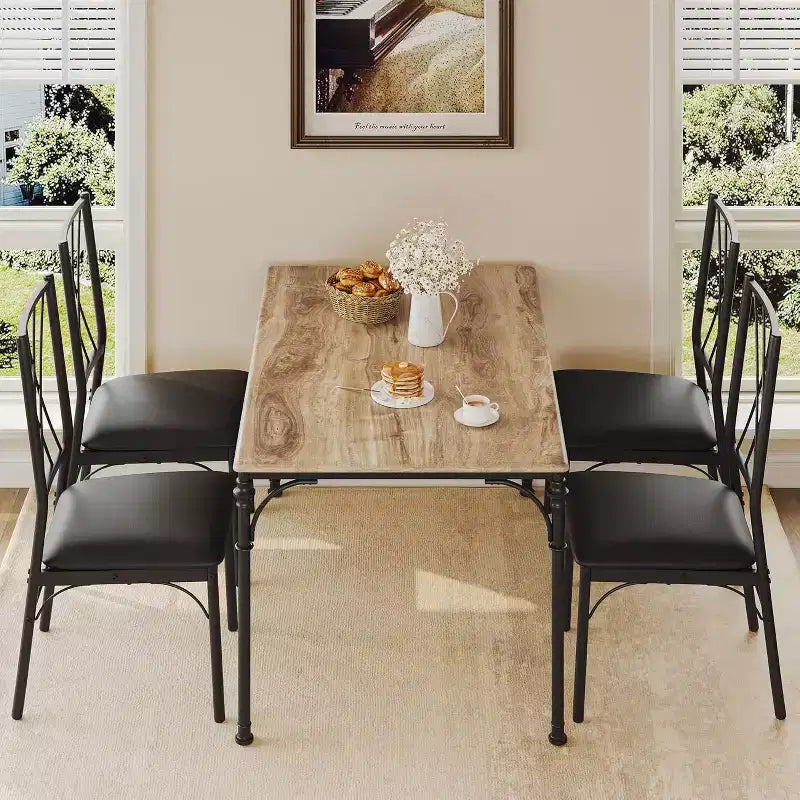 5-Pc Dining Table Set for 4-6 - Kitchen Table with Upholstered Bench, Compact for Small Spaces, Burlywood