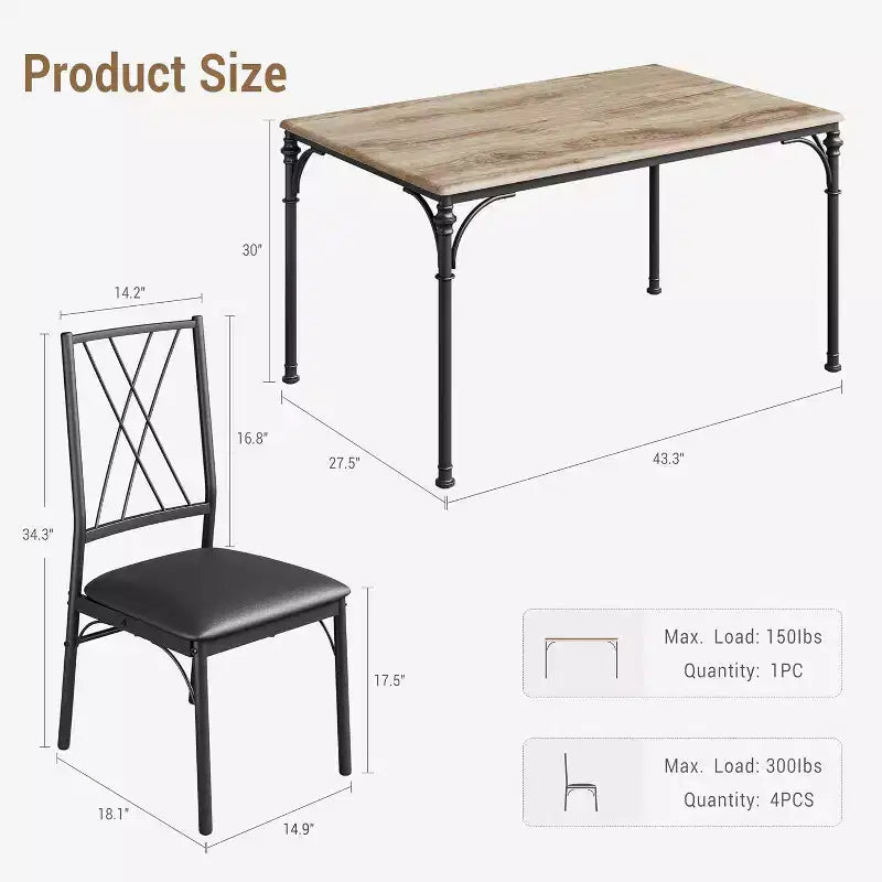 5-Pc Dining Table Set for 4-6 - Kitchen Table with Upholstered Bench, Compact for Small Spaces, Burlywood