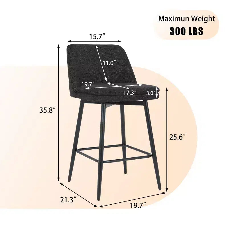 MAYEERTY Set of 2 Counter Height Swivel Bar Stools 360 Swivel Upholstered 25.6in Seat Height Linen Cloth Black for Kitchen Island Pub
