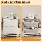 Shoe Cabinet with 2 Flip-Drawers & Storage Bench, Farmhouse Wood Freestanding Shoe Rack with 2 Hooks & Bottom Shelf for Entryway, Living Room