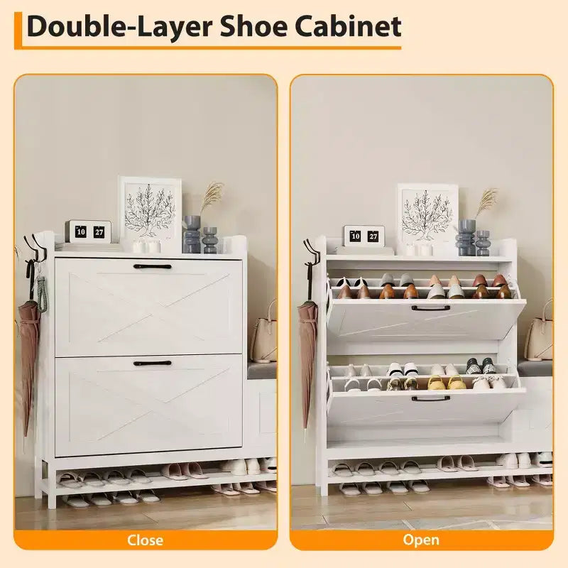 Shoe Cabinet with 2 Flip-Drawers & Storage Bench, Farmhouse Wood Freestanding Shoe Rack with 2 Hooks & Bottom Shelf for Entryway, Living Room