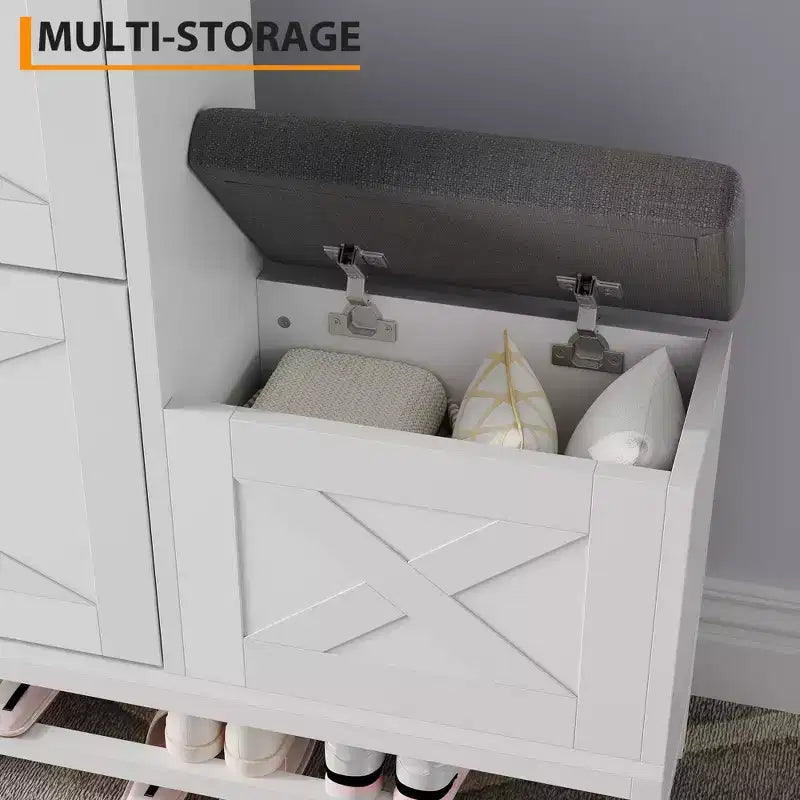 Shoe Cabinet with 2 Flip-Drawers & Storage Bench, Farmhouse Wood Freestanding Shoe Rack with 2 Hooks & Bottom Shelf for Entryway, Living Room