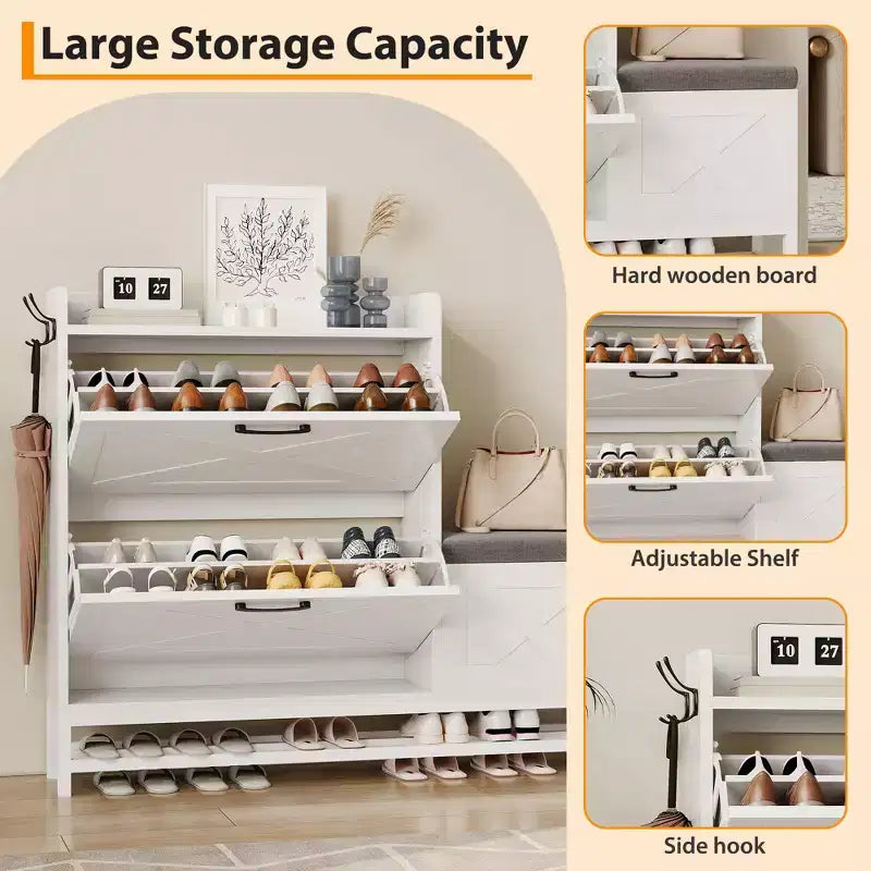 Shoe Cabinet with 2 Flip-Drawers & Storage Bench, Farmhouse Wood Freestanding Shoe Rack with 2 Hooks & Bottom Shelf for Entryway, Living Room