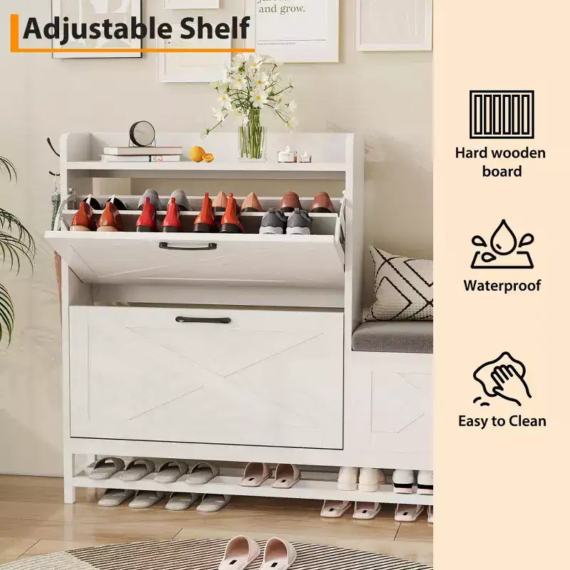 Shoe Cabinet with 2 Flip-Drawers & Storage Bench, Farmhouse Wood Freestanding Shoe Rack with 2 Hooks & Bottom Shelf for Entryway, Living Room