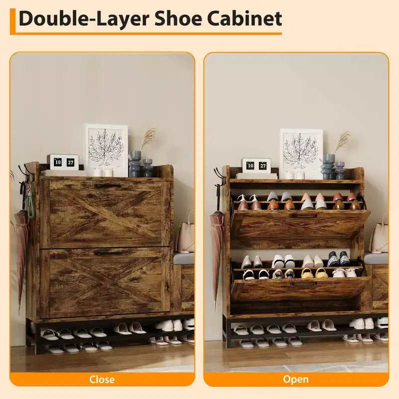 Shoe Cabinet with 2 Flip-Drawers & Storage Bench, Farmhouse Wood Freestanding Shoe Rack with 2 Hooks & Bottom Shelf for Entryway, Living Room