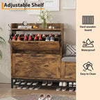Shoe Cabinet with 2 Flip-Drawers & Storage Bench, Farmhouse Wood Freestanding Shoe Rack with 2 Hooks & Bottom Shelf for Entryway, Living Room