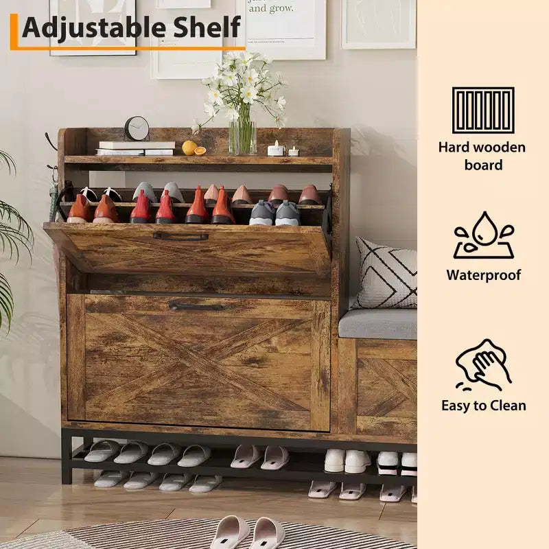 Shoe Cabinet with 2 Flip-Drawers & Storage Bench, Farmhouse Wood Freestanding Shoe Rack with 2 Hooks & Bottom Shelf for Entryway, Living Room