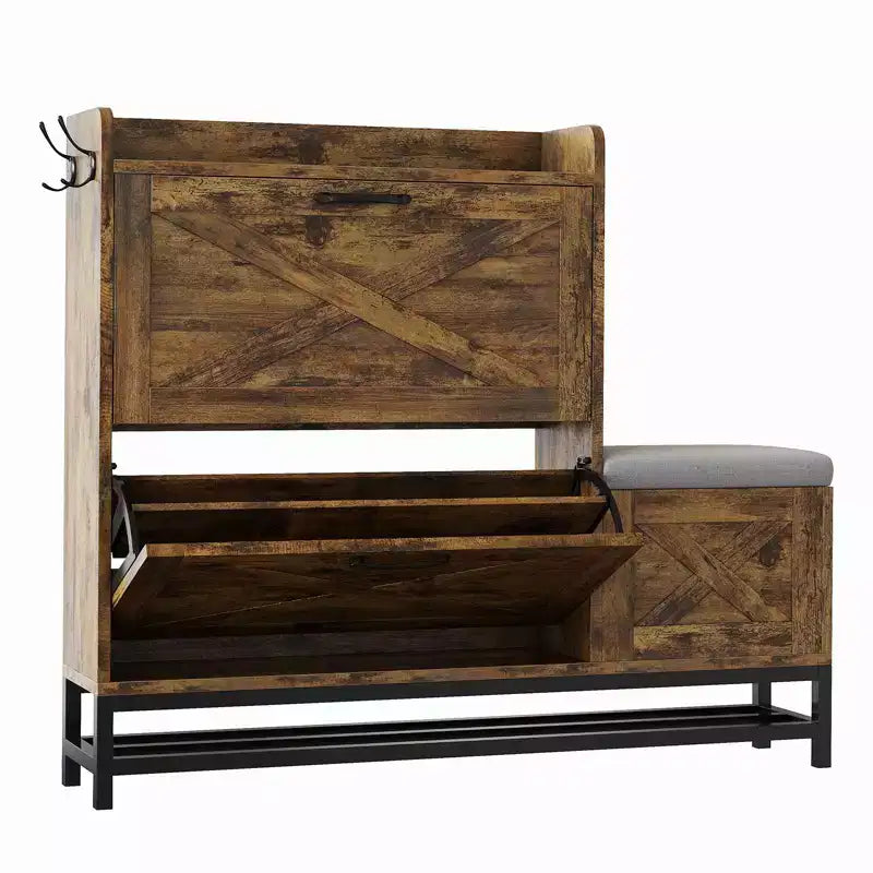 Shoe Cabinet with 2 Flip-Drawers & Storage Bench, Farmhouse Wood Freestanding Shoe Rack with 2 Hooks & Bottom Shelf for Entryway, Living Room