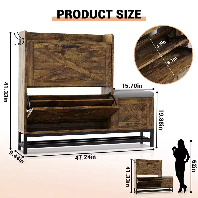 Shoe Cabinet with 2 Flip-Drawers & Storage Bench, Farmhouse Wood Freestanding Shoe Rack with 2 Hooks & Bottom Shelf for Entryway, Living Room