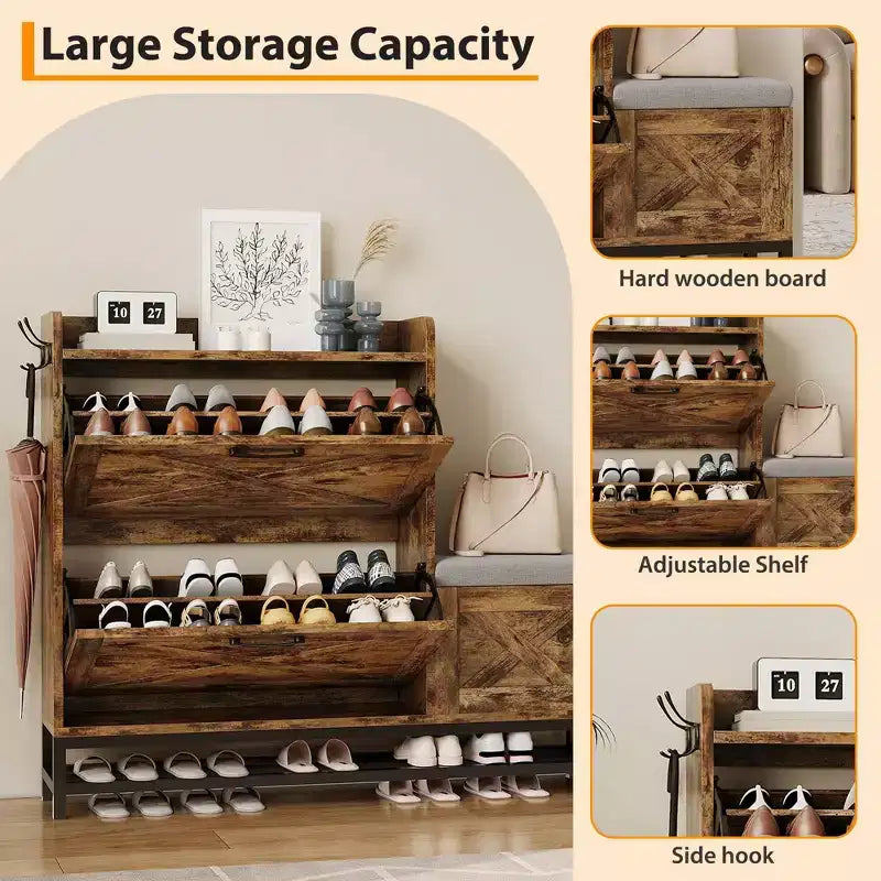 Shoe Cabinet with 2 Flip-Drawers & Storage Bench, Farmhouse Wood Freestanding Shoe Rack with 2 Hooks & Bottom Shelf for Entryway, Living Room