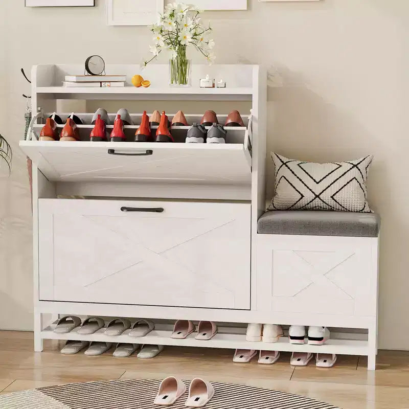 Shoe Cabinet with 2 Flip-Drawers & Storage Bench, Farmhouse Wood Freestanding Shoe Rack with 2 Hooks & Bottom Shelf for Entryway, Living Room