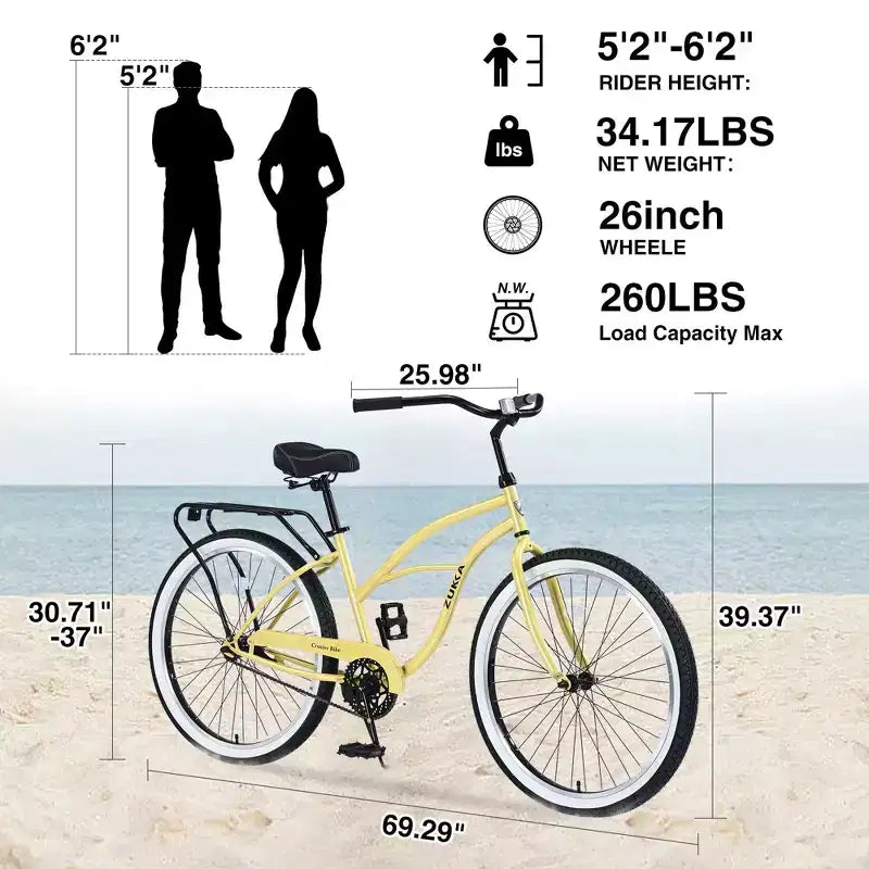 NAYSAYE Bicycle Single Speed 26 Inch Beach Cruiser Bike Steel Frame for Women for Relaxed Rides, Yellow, 69.29*25.98*39.37