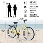 NAYSAYE Bicycle Single Speed 26 Inch Beach Cruiser Bike Steel Frame for Women for Relaxed Rides, Yellow, 69.29*25.98*39.37