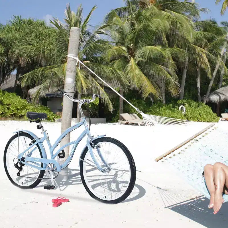 NAYSAYE Bicicletta Cruiser da spiaggia a 7 velocità da 26 pollici, telaio in acciaio per donna per passeggiate confortevoli, azzurro, 69.96*28.32*43.2