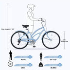 NAYSAYE Bicicletta Cruiser da spiaggia a 7 velocità da 26 pollici, telaio in acciaio per donna per passeggiate confortevoli, azzurro, 69.96*28.32*43.2