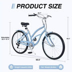 NAYSAYE Bicicletta Cruiser da spiaggia a 7 velocità da 26 pollici, telaio in acciaio per donna per passeggiate confortevoli, azzurro, 69.96*28.32*43.2
