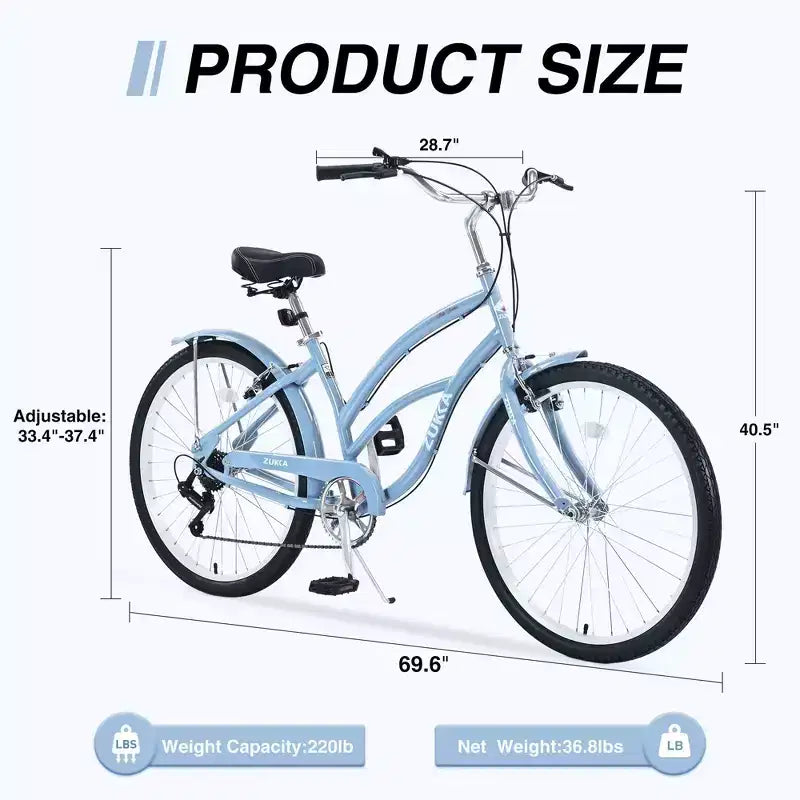 NAYSAYE Bicicletta Cruiser da spiaggia a 7 velocità da 26 pollici, telaio in acciaio per donna per passeggiate confortevoli, azzurro, 69.96*28.32*43.2