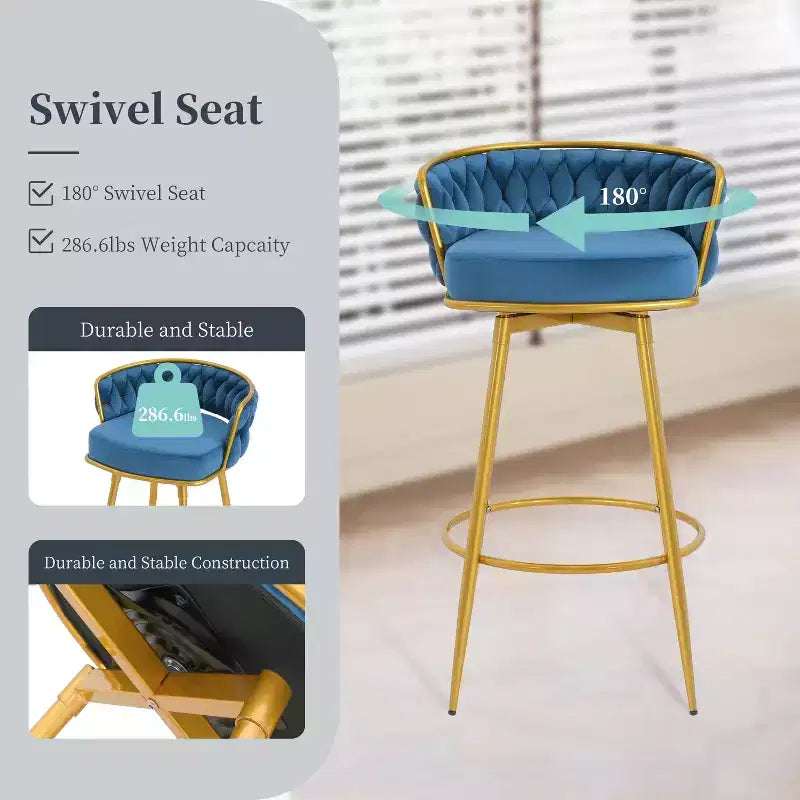 MAYEERTY Set of 2 Swivel Counter Height Bar Stools 31in Bar Height Hand Woven Blue for Kitchen Island