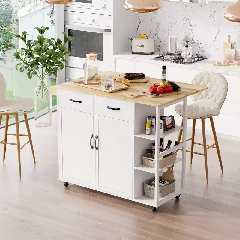 Kitchen Islands Carts On Wheels with Wood Top Rolling Cart with Storage Drawer, 2-Door Cabinet,Foldable Leaf,Mobile Workstation for Kitchen,Bar,Black