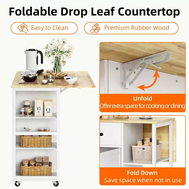 Kitchen Islands Carts On Wheels with Wood Top Rolling Cart with Storage Drawer, 2-Door Cabinet,Foldable Leaf,Mobile Workstation for Kitchen,Bar,Black