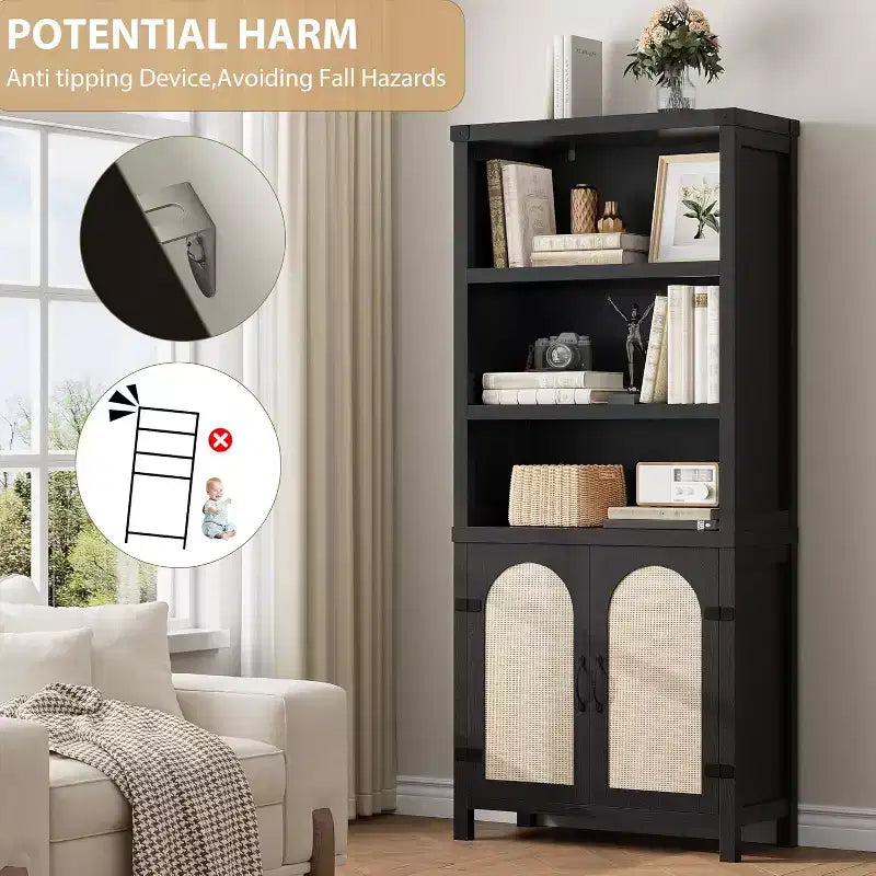 70 Farmhouse Bookshelf with Rattan Doors, 3-Tier Open Shelves & Cabinet, Black Wood Bookcase for Living Room, Office & Bedroom