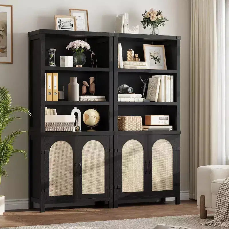 70 Farmhouse Bookshelf with Rattan Doors, 3-Tier Open Shelves & Cabinet, Black Wood Bookcase for Living Room, Office & Bedroom