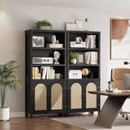 70 Farmhouse Bookshelf with Rattan Doors, 3-Tier Open Shelves & Cabinet, Black Wood Bookcase for Living Room, Office & Bedroom