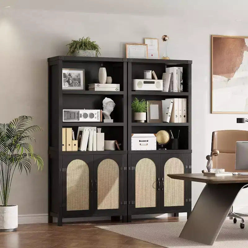 70 Farmhouse Bookshelf with Rattan Doors, 3-Tier Open Shelves & Cabinet, Black Wood Bookcase for Living Room, Office & Bedroom