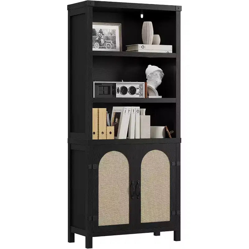 70 Farmhouse Bookshelf with Rattan Doors, 3-Tier Open Shelves & Cabinet, Black Wood Bookcase for Living Room, Office & Bedroom