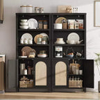 70 Farmhouse Bookshelf with Rattan Doors, 3-Tier Open Shelves & Cabinet, Black Wood Bookcase for Living Room, Office & Bedroom