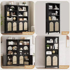 70 Farmhouse Bookshelf with Rattan Doors, 3-Tier Open Shelves & Cabinet, Black Wood Bookcase for Living Room, Office & Bedroom