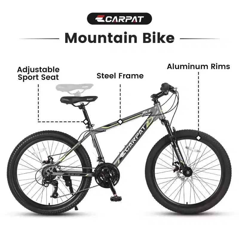 NAYSAYE Bicicletta Mountain Bike da 24 pollici, 21 velocità, telaio in acciaio per ragazzi e ragazze per avventure fuoristrada, grigio, 56.3*7.88*28.35