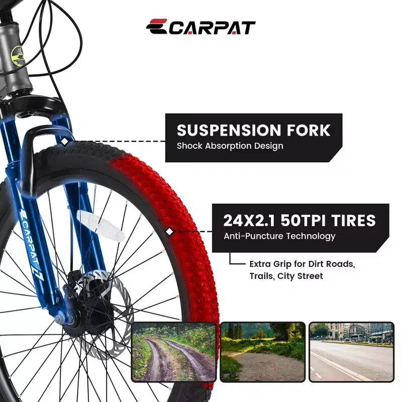 NAYSAYE Bicicletta Mountain Bike da 24 pollici, 21 velocità, telaio in acciaio per ragazzi e ragazze per avventure fuoristrada, grigio, 56.3*7.88*28.35